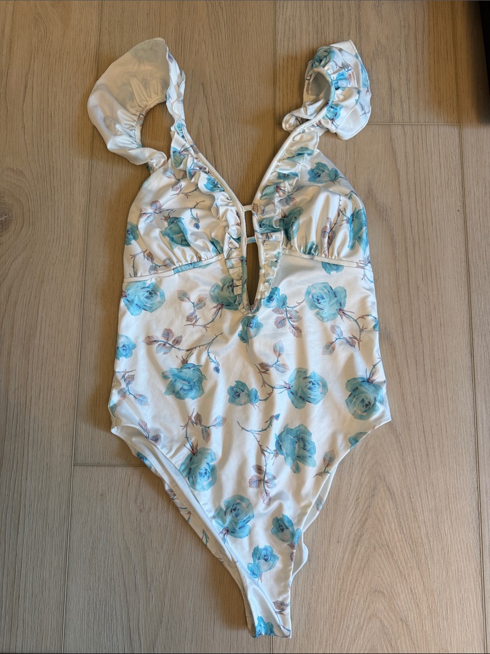 LoveShackFancy White One-Piece Floral Swimsuit with Blue Roses